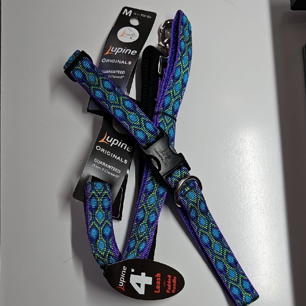 Lupine 13-22" Dog Collar & 4' Lead Leash padded handle RAIN SONG 3/4" 15-100lbs